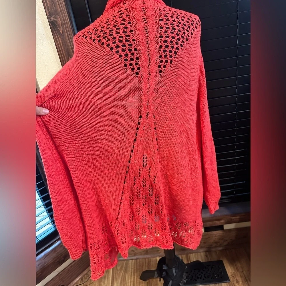New Directions Long Open Knit Cardigan Coral Red 2X